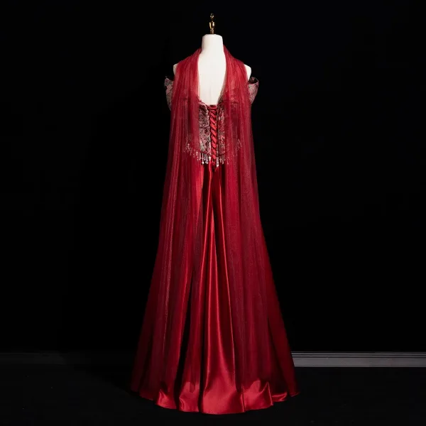 Chinese style Burgundy Printing Prom Dresses 2025 A-Line / Princess Off-The-Shoulder Short Sleeve Backless Floor-Length / Long Prom Formal Dresses