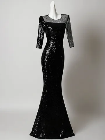 Sparkly Black Sequins Rhinestone Evening Dresses 2026 Trumpet Mermaid Scoop Neck 3 4 Sleeve Floor Length Long Formal Dresses