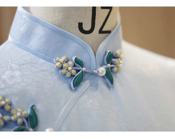 Chinese style Sky Blue Printing Split Front Silk Cheongsam / Qipao 2026 Trumpet / Mermaid High Neck Short Sleeve Tea-length