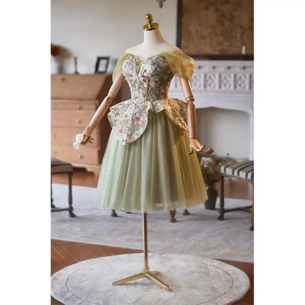 Chic / Beautiful Sage Green Sequins Lace Flower Homecoming Graduation Dresses 2025 A-Line / Princess Off-The-Shoulder Short Sleeve Backless Tea-length Formal Dresses