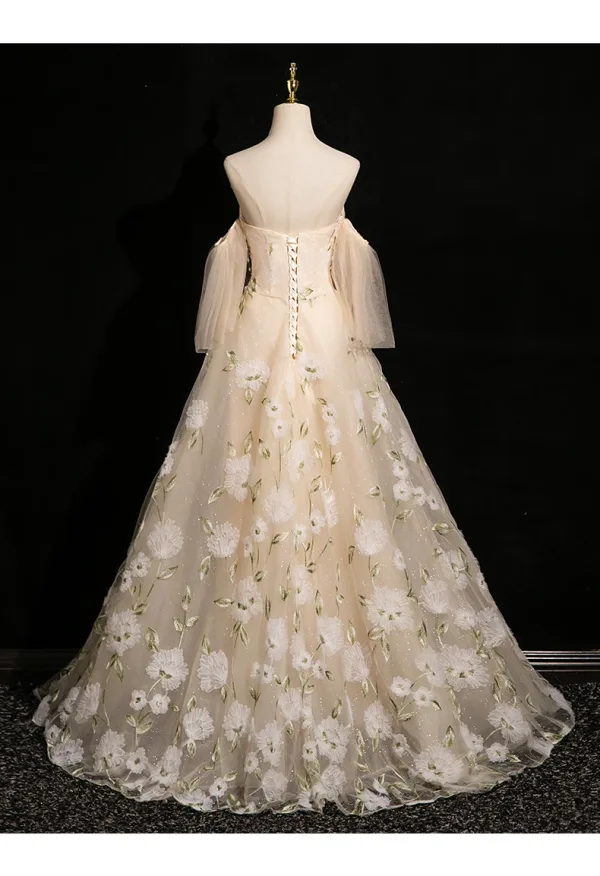 Chic / Beautiful Champagne Lace Flower Prom Dresses 2024 A-Line / Princess Strapless Sleeveless Backless Floor-Length / Long Prom Formal Dresses