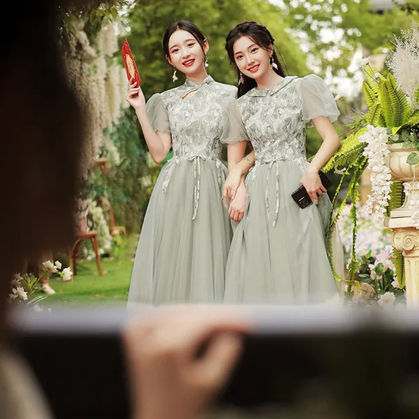 sage green lace bridesmaid dresses Lace Boat Neck Long Sleeves Bridesmaid Dress| Plus Size main image 0
