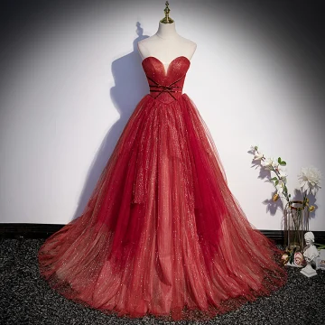 Charmant Bordeaux Paillettes Robe De Bal 2022 Princesse Bustier Noeud Sans Manches Dos Nu Longue Promo Robe De Ceremonie