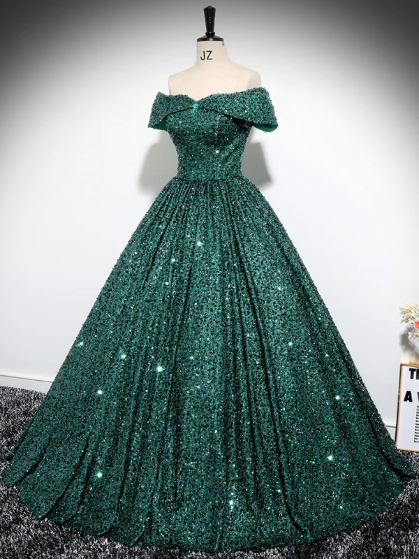 Vintage / Retro Dark Green Beading Sequins Prom Dresses 2024 Ball Gown Off-The-Shoulder Sleeveless Backless Floor-Length / Long Prom Formal Dresses