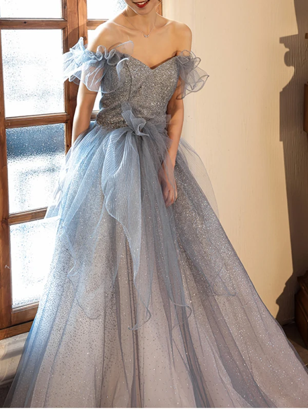 Glitzernden Charmant Himmelblau Pailletten Abendkleider 2023 A Linie Off Shoulder Schleife Kurze Ärmel Rückenfreies Lange Abend Festliche Kleider