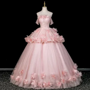 Fée Des Fleurs Rougissant Rose Appliques Perlage Robe De Bal 2026 Robe Boule De L Épaule Sans Manches Dos Nu Longue Robe De Ceremonie