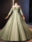 Elegant Sage Green Satin Prom Dresses 2023 Ball Gown Strapless Puffy Short Sleeve Backless Bow Sweep Train Formal Dresses