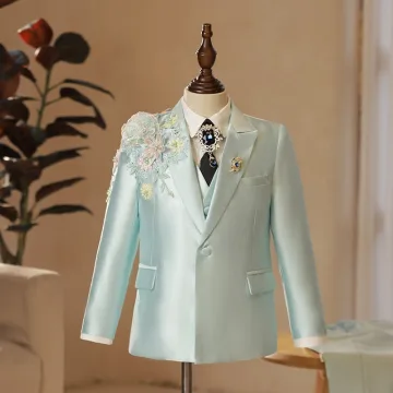 Sage Green Lace Flower Pearl Long Sleeve 6 Piece Boys Wedding Suits 2025 Body Jewellery Coat Pants Shirt Tie Vest Wedding