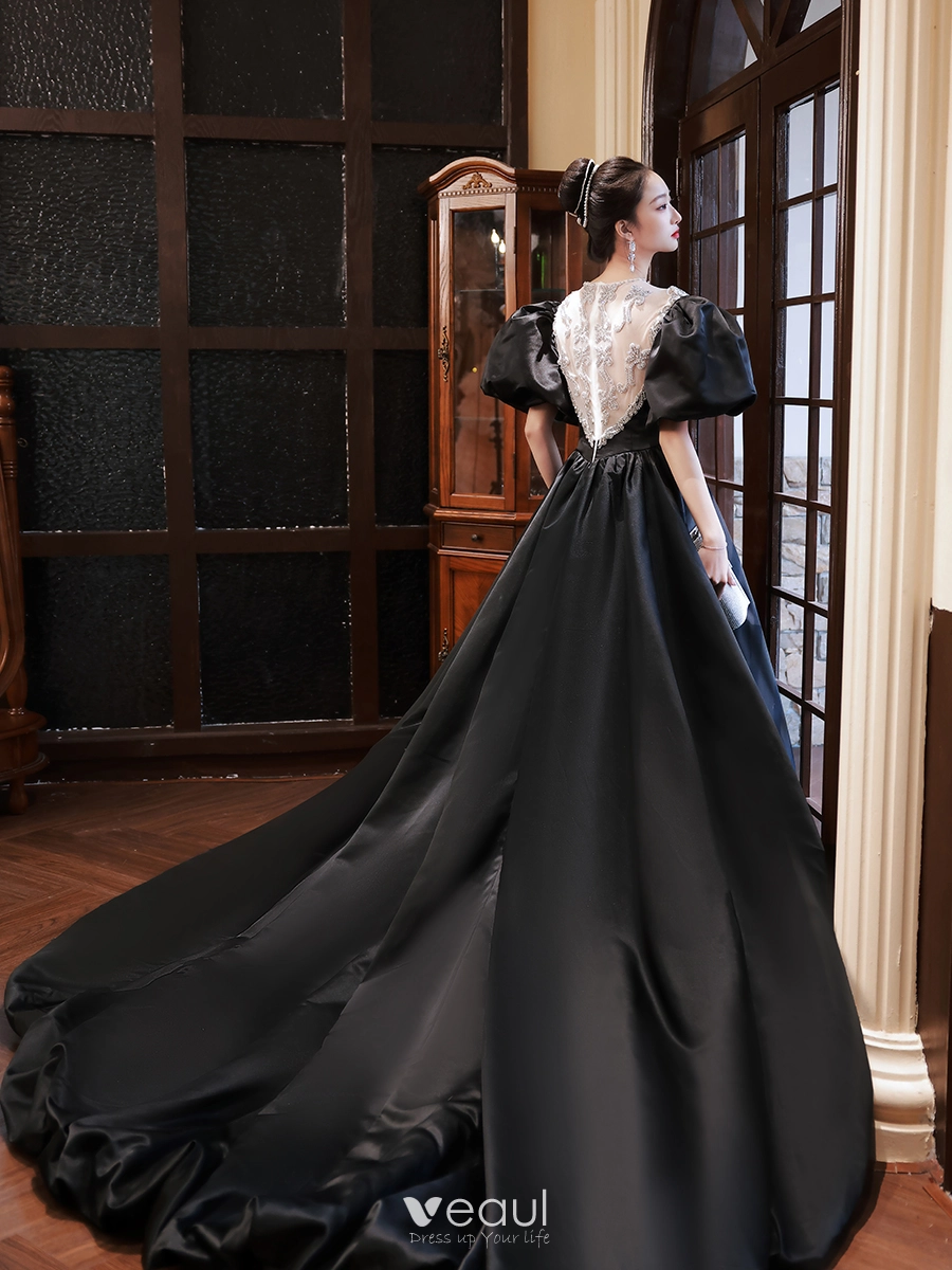 Luxury Beading Mockneck With Hollow Long Sleeve Black Color Princess  Ballgown Royal Wedding Dress With Cathedral Train - Etsy