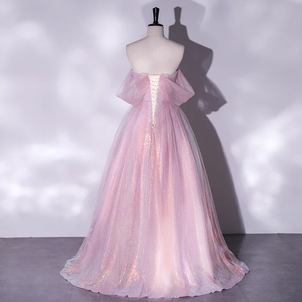 Charming Glitter Candy Pink Evening Dresses 2022 A-Line / Princess Strapless Sleeveless Backless Floor-Length / Long Evening Party Formal Dresses