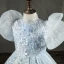Sparkly Charming Sky Blue Beading Sequins Lace Flower Flower Girl Dresses 2022 Ball Gown High Neck Puffy Short Sleeve Floor-Length / Long Prom Flower Girl Dresses