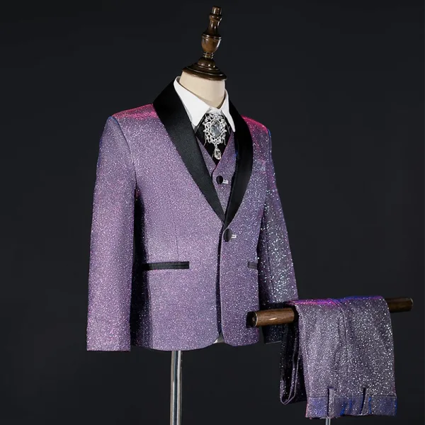 Fashion Bling Bling Purple 5-piece Glitter Rhinestone Long Sleeve Boys Wedding Suits 2025