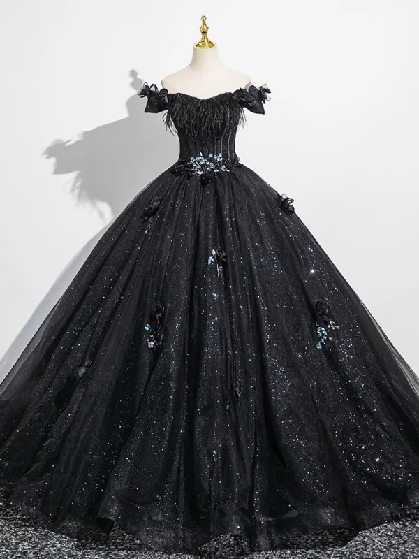 Bling Bling Black Rhinestone Sequins Appliques Prom Dresses 2025 Ball Gown Off-The-Shoulder Tassel Short Sleeve Backless Floor-Length / Long Formal Dresses