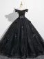 Bling Bling Black Rhinestone Sequins Appliques Prom Dresses 2025 Ball Gown Off-The-Shoulder Tassel Short Sleeve Backless Floor-Length / Long Formal Dresses