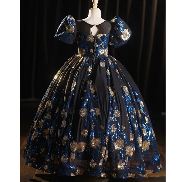 Élégant Bleu Marine Paillettes Anniversaire Robe Ceremonie Fille 2025 Robe Boule Encolure Dégagée Gonflée Manches Courtes Dos Nu Longue