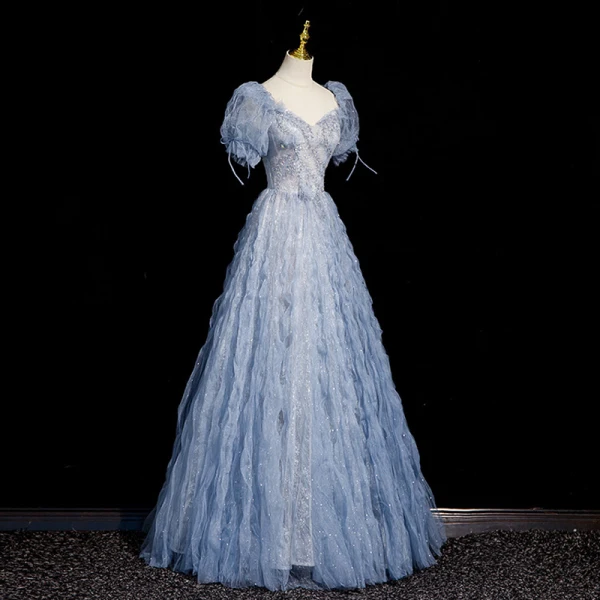 Bling Bling Sky Blue Ruffle Beading Prom Dresses 2023 A-Line / Princess Square Neckline Short Sleeve Backless Floor-Length / Long Prom Formal Dresses