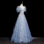 Bling Bling Sky Blue Ruffle Beading Prom Dresses 2023 A-Line / Princess Square Neckline Short Sleeve Backless Floor-Length / Long Prom Formal Dresses