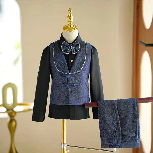 Fall Winter Navy Blue Pearl Rhinestone 5-piece Long Sleeve Boys Wedding Suits 2024 Coat Pants Shirt Tie Vest