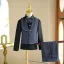 Fall Winter Navy Blue Pearl Rhinestone 5-piece Long Sleeve Boys Wedding Suits 2024 Coat Pants Shirt Tie Vest