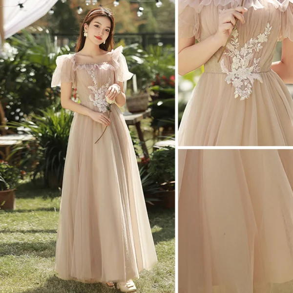 Modest / Simple Champagne Lace Flower Bridesmaid Dresses 2023 A-Line / Princess Scoop Neck Short Sleeve Backless Floor-Length / Long Bridesmaid Dresses