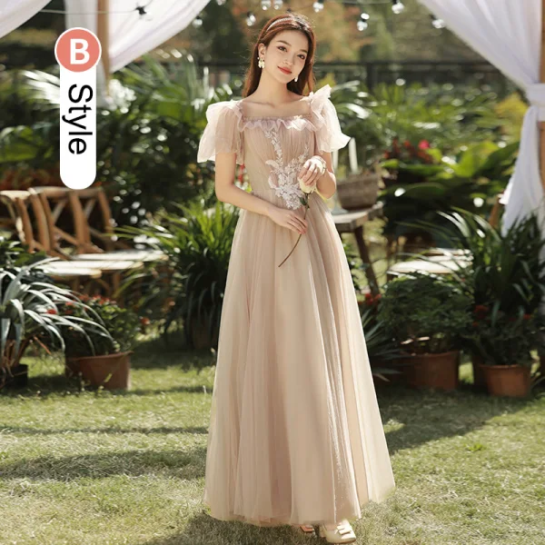 Modest / Simple Champagne Lace Flower Bridesmaid Dresses 2023 A-Line / Princess Scoop Neck Short Sleeve Backless Floor-Length / Long Bridesmaid Dresses