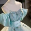 Elegant Sky Blue Beading Sequins Prom Dresses 2023 Ball Gown Scoop Neck Short Sleeve Backless Bow Floor-Length / Long Prom Formal Dresses