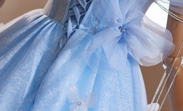 Chic / Beautiful Sky Blue Glitter Pearl Appliques Graduation Dresses 2024 Ball Gown Off-The-Shoulder Short Sleeve Backless Tea-length Sweet 16 Homecoming