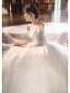 Elegante Weiß Spitze Blumen Brautkleider / Hochzeitskleider 2025 Ballkleid Off Shoulder Lange Ärmel Rückenfreies Sweep / Pinsel Zug Hochzeit