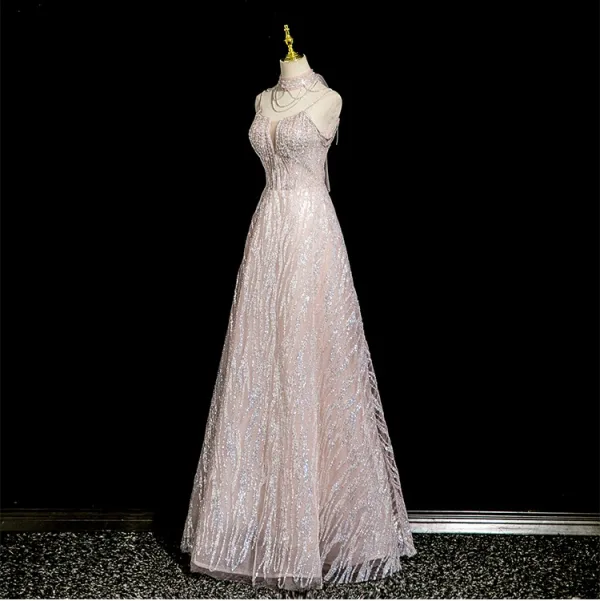 Scintillantes Rougissant Rose Perlage Faux Diamant Paillettes Robe De Bal 2025 Princesse Col Haut Sans Manches Dos Nu Longue Robe De Ceremonie