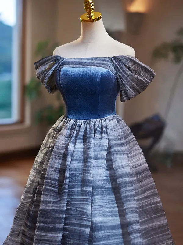 Modest / Simple Ocean Blue Prom Dresses 2024 Ball Gown Off-The-Shoulder Short Sleeve Backless Floor-Length / Long Prom Formal Dresses