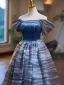 Modest / Simple Ocean Blue Prom Dresses 2024 Ball Gown Off-The-Shoulder Short Sleeve Backless Floor-Length / Long Prom Formal Dresses