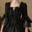 Vintage / Retro Medieval Gothic Black Beading Printing Bow Prom Dresses 2024 Ball Gown Square Neckline Bell sleeves Floor-Length / Long Prom Formal Dresses