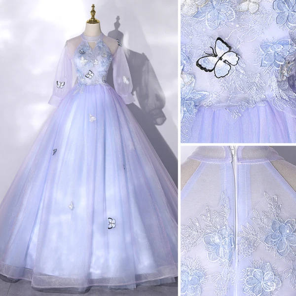 Schöne Himmelblau Spitze Blumen Schmetterling Applikationen Ballkleider 2022 Ballkleid Stehkragen Kurze Ärmel Lange Festliche Kleider