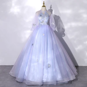 Chic Belle Bleu Ciel En Dentelle Fleur Papillon Appliques Robe De Bal 2022 Robe Boule Col Haut Manches Courtes Longue Robe De Ceremonie