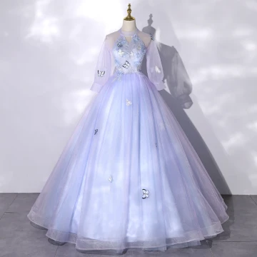 Chic Beautiful Sky Blue Lace Flower Butterfly Appliques Prom Dresses 2022 Ball Gown High Neck Short Sleeve Floor Length Long Formal Dresses
