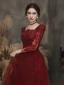Classic Burgundy Beading Sequins Evening Dresses 2023 A-Line / Princess Square Neckline 3/4 Sleeve Backless Floor-Length / Long Evening Party Formal Dresses