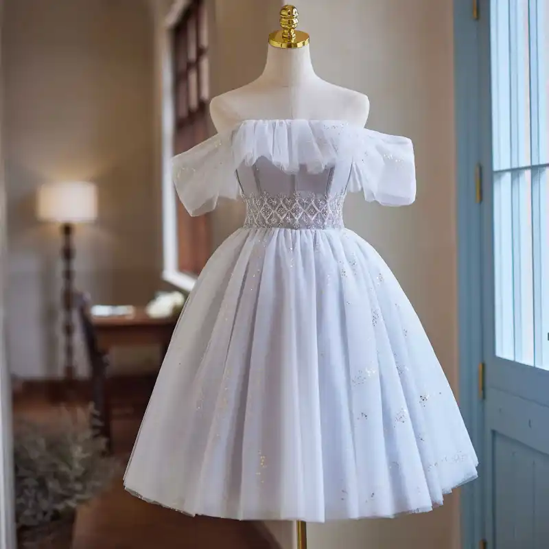 white short elegant dress Berylove Women White Formal Dress with Short Sleeves Jacquard Round Neck Midi Wedding Guest Dress, White / US16 main image 1