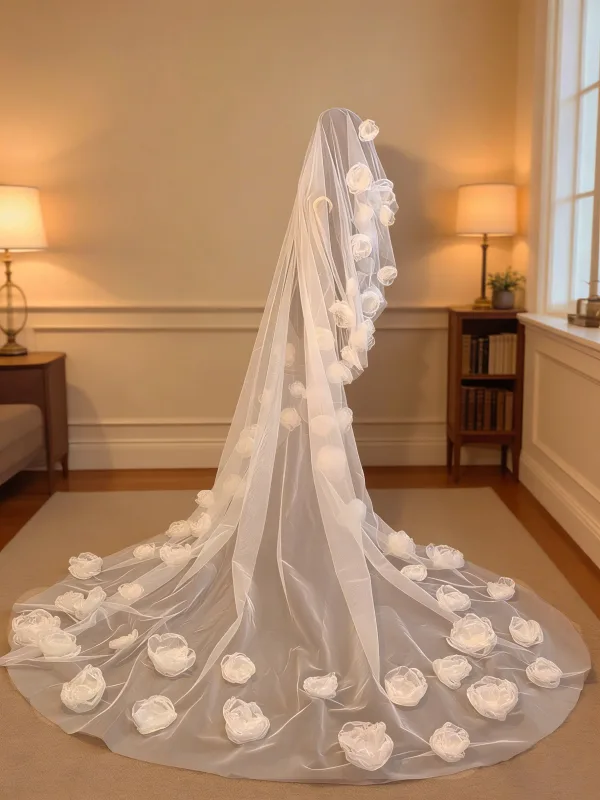 High-end White Handmade  Appliques Court Train Wedding Veils 2026 3 m