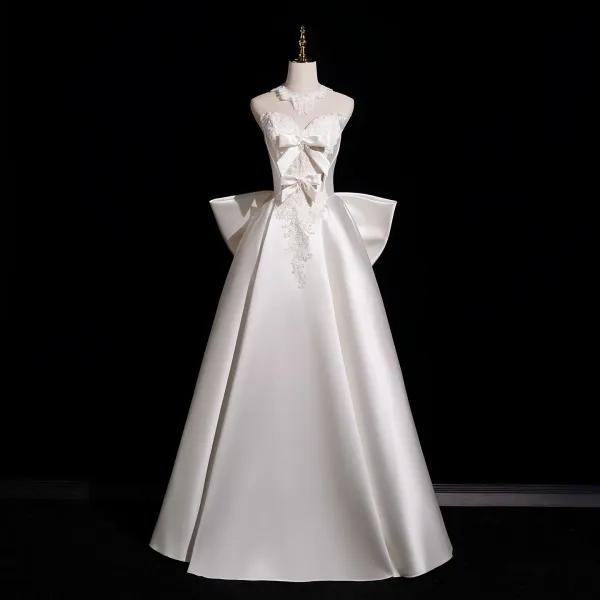 Modest / Simple Elegant Ivory Beading Lace Flower Satin Wedding Dresses 2025 Ball Gown Off-The-Shoulder Sleeveless Backless Bow Floor-Length / Long Wedding