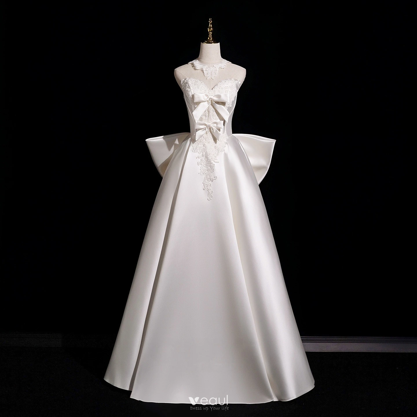 ball gown off-the-shoulder sleeveless floor-length lace satin dresses Tube Top Off-Shoulder Sleeveless Satin Bride Gowns Beaded Lace Appliqu –  Laxag main image 1