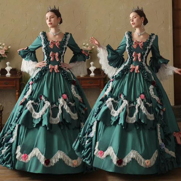 Couture Medieval Vintage / Retro Gothic Dark Green Appliques Lace Flower Bow Prom Dresses 2024 Ball Gown Square Neckline Bell sleeves Floor-Length / Long