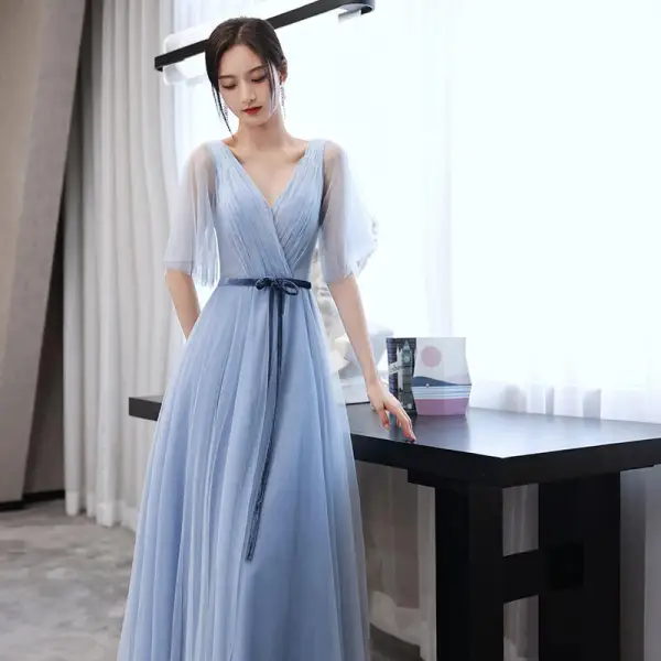 Modest Simple Sky Blue Bridesmaid Dresses 2022 A-Line Princess Short Sleeve Backless Bow