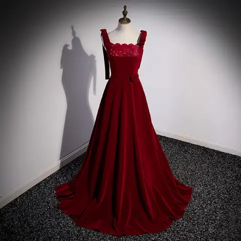 Chic / Beautiful Burgundy Suede Prom Dresses 2022 A-Line / Princess Square Neckline Sleeveless Backless Rhinestone Floor-Length / Long Prom Formal Dresses