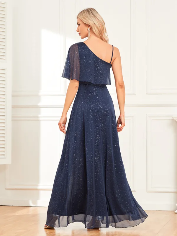 Schöne Marineblau Glanz Gespaltete Front Ballkleider 2024 A Linie One-Shoulder Seitlicher Reißverschluss Kurze Ärmel Rückenfreies Lange Ball Festliche Kleider