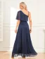 Schöne Marineblau Glanz Gespaltete Front Ballkleider 2024 A Linie One-Shoulder Seitlicher Reißverschluss Kurze Ärmel Rückenfreies Lange Ball Festliche Kleider