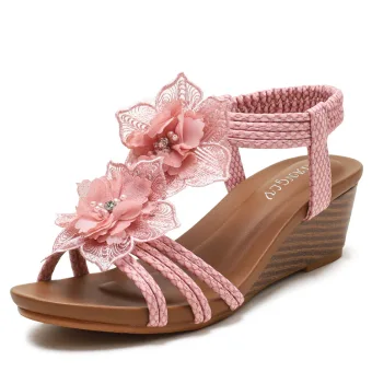 Roman Blushing Pink Pearl Lace Flower Womens Sandals Beach 5 Cm Wedges T Strap Open Peep Toe Sandals