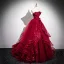 Chic / Beautiful Burgundy Appliques Cascading Ruffles Prom Dresses 2025 Ball Gown Strapless Sleeveless Backless Floor-Length / Long Prom Formal Dresses