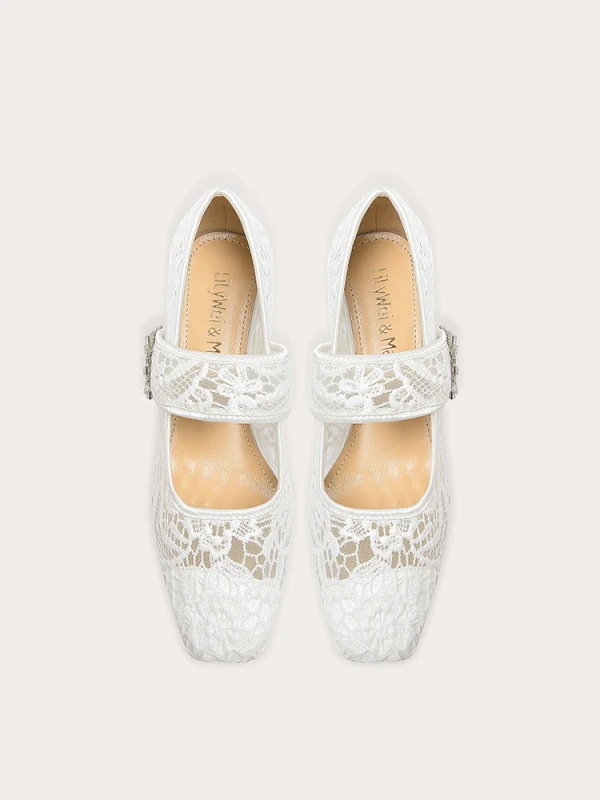 Vintage Weiß Spitze Brautschuhe 2024 5 cm Thick Heels Quadratische Zehe Hochzeit Pumps