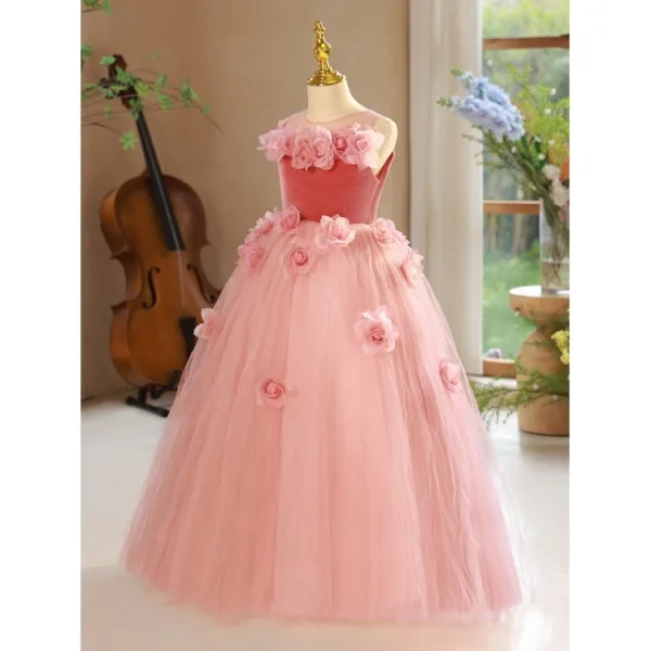 Blumenfee Rosa Applikationen Blumenmädchenkleider 2024 Ballkleid Rundhalsausschnitt Ärmellos Rückenfreies Lange Hochzeit