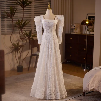 Vintage Originale Ivoire En Dentelle Fleur Robe De Mariée 2024 Princesse Encolure Carrée Manches Longues Dos Nu Longue